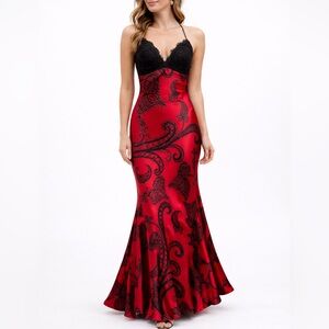Mary.L Couture Red & Black Silk Lace Maxi Dress Size 8